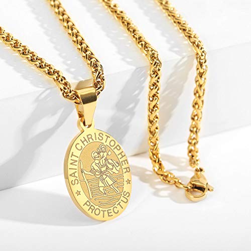 P. BLAKE Oval Saint Christopher/Michael/Joseph/Jude/Virgin Mary/Joseph/Francis/Patrick/Anthony/Benedict/Thomas Necklace for Men Women, Stainless Steel Catholic Patron Pendant with Chain 24 Inches