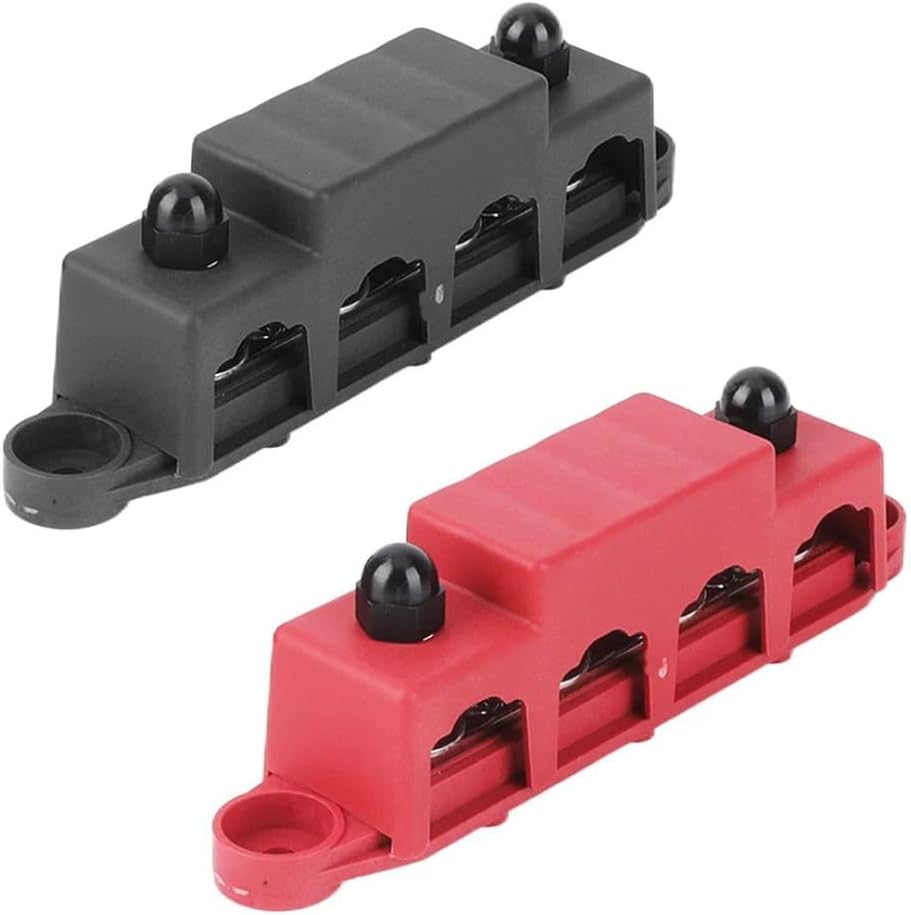2pcs 12V-48V M8 Bus Bar Power Distribution Block Set | For Car, Truck, Camper Van, Motorhome & Boat | 4pcs Terminal Studs on Each Bar | Red & Black (Positive & Negative)