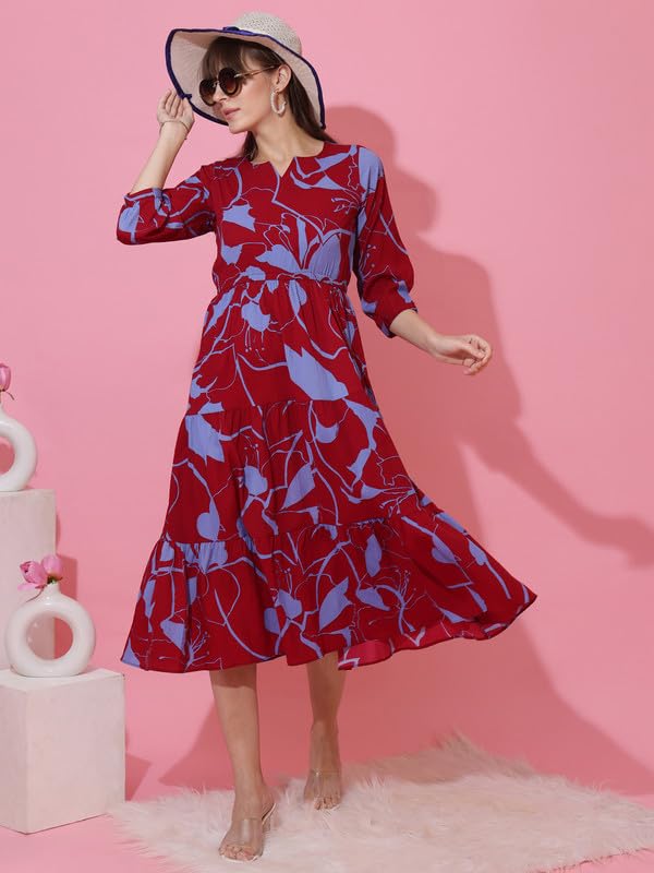 Image of Sheetal Associates Women's Casual 3 /4 Sleeve Crepe Fit and Flare Dress| Comfortable Relaxed Fit Summer Party Dress