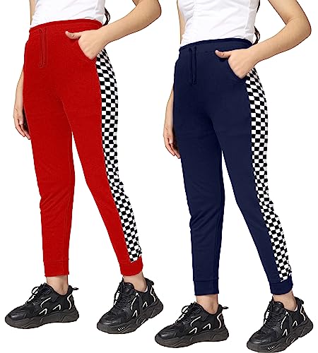 Image of KYDA Kids Girls 100% Cotton Chess Print Track Pants | Elastic Waist Regular Fit | Soft Breathable Kids Casual Wear with Side Pockets Multicolor (Pack of 2)