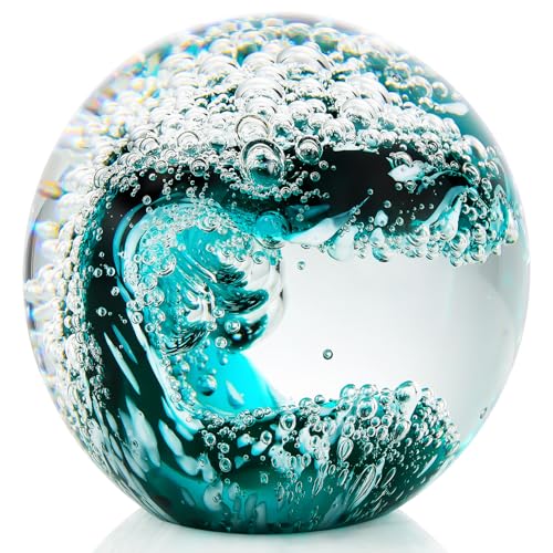 YWHL Hand Blown Crystal Wave Ball, Sea Glass Decor, Glass