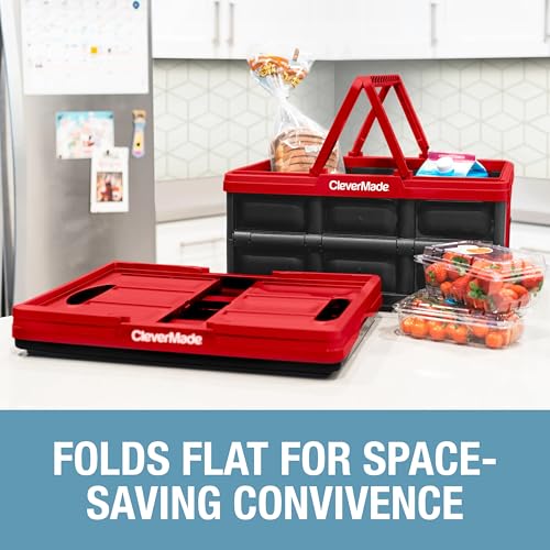 Image of CleverMade Collapsible Shopping Basket 32L - Folding Grocery Basket with Handles, Stackable Reusable Storage Crate with 35 lb Capacity, Recycled Plastic, Car Trunk Organizer - Red