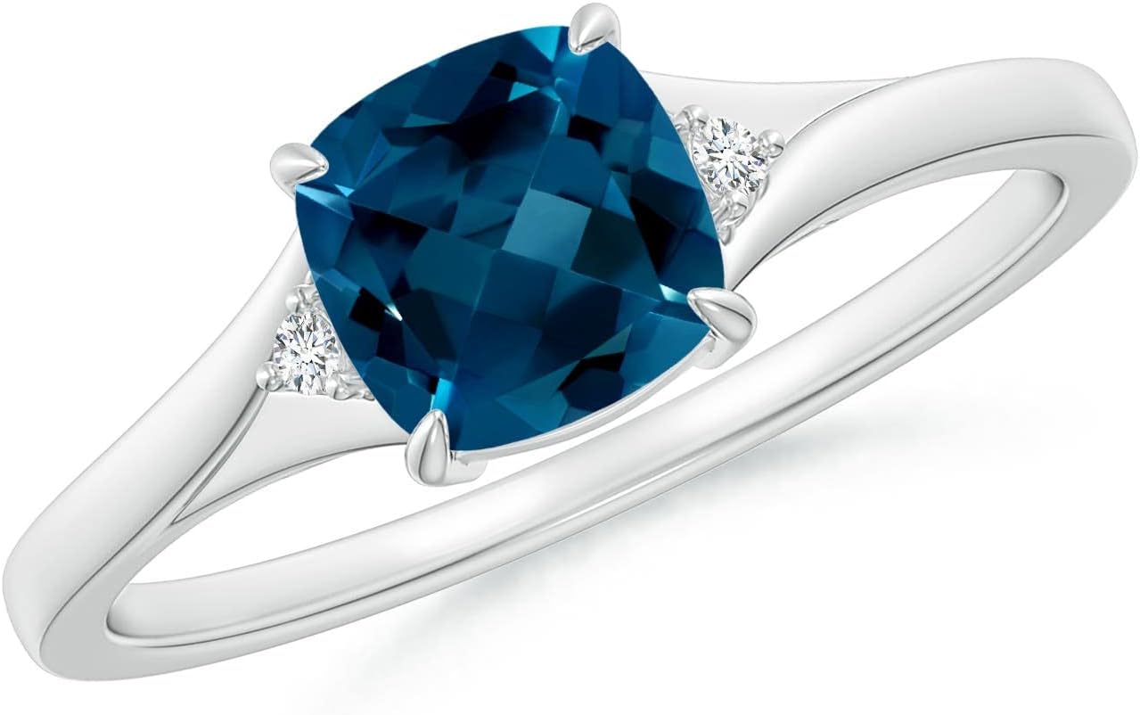 Angara Natural London Blue Topaz Ring for Women | Split Shank Cushion London Blue Topaz Solitaire Ring in 14K Solid Gold/Platinum | December Birthday, Anniversary, Gemstone Jewellery Gift