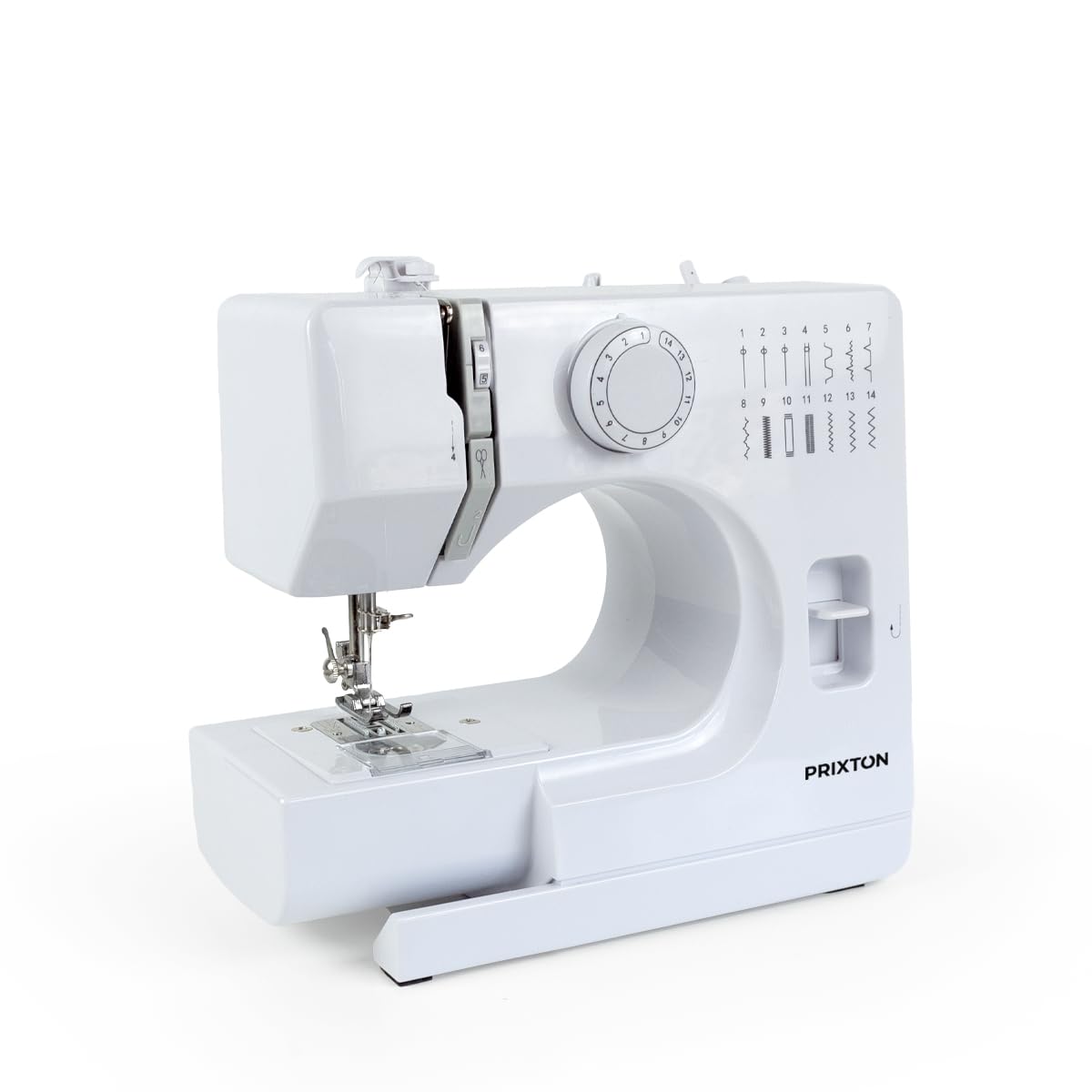 PRIXTON Machine à Coudre P115 avec 14 Points de Couture, 2 Vitesses, Tiroir à accessoires, Lampe et Pédale incluses