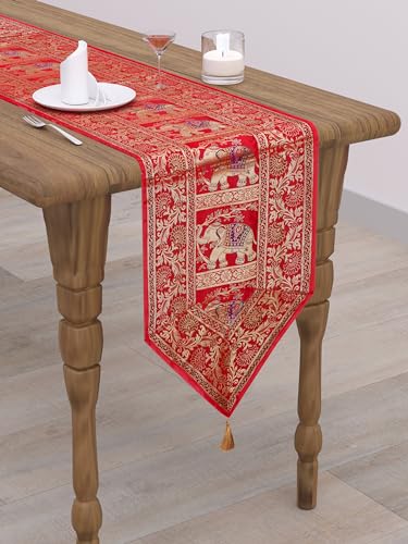 Image of Banarasi Brocade Zari Silk Table Runner Dinning & Centre Table Runner 177 By 30 CM (Red, Elephant)