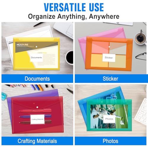 Image of A4 Plastic Wallets - 16 Pack Document Folders, 8 Bright Colors, Waterproof File Sleeves for Paperwork, School, Office, Home & Travel Organization