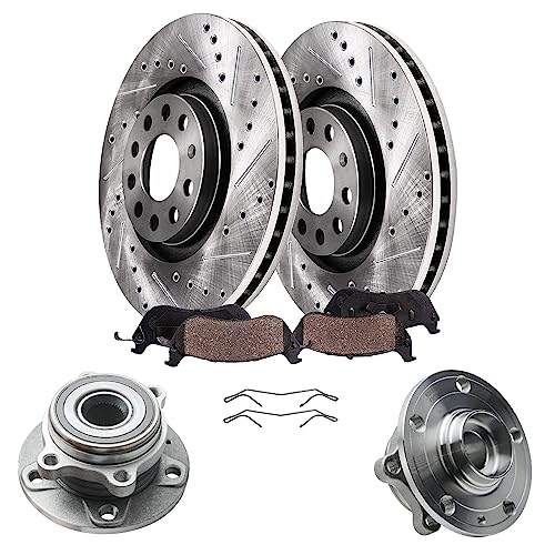 Image of Detroit Axle - Front Wheel Bearing Hubs Brake Kit for Volkswagen Jetta Golf Eos Audi Rabbit A3 Quattro, Drilled and Slotted Brake Rotors Ceramic Brake Pads Wheel Bearing Hubs Replacement