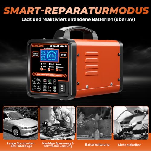 GEARLASSO 12V 24V Autobatterie Ladegerät, 0-15A Batterie-Erhaltungsgerät mit automatischer Abschaltung, Reparatur- und Wintermodus, Smart Erhaltungs-Ladegerät für Auto, LKW, Motorrad, AGM-Batterien