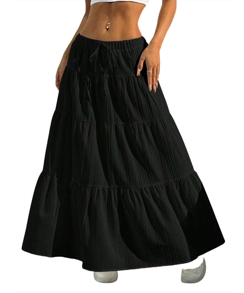 Jupe Longue Femme Ete Tailles Elastique Vacances Plage Bohême Haute A-Ligne Plissée Maxi Décontractée Élégante(Multicolore,S-XXL)