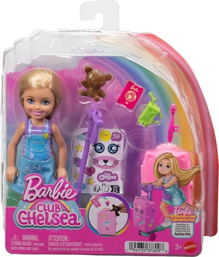 Image of Barbie Club Chelsea Limitless Adventure Blonde Doll, Rolling Scooter-Suitcase and Travel-Themed Accessories