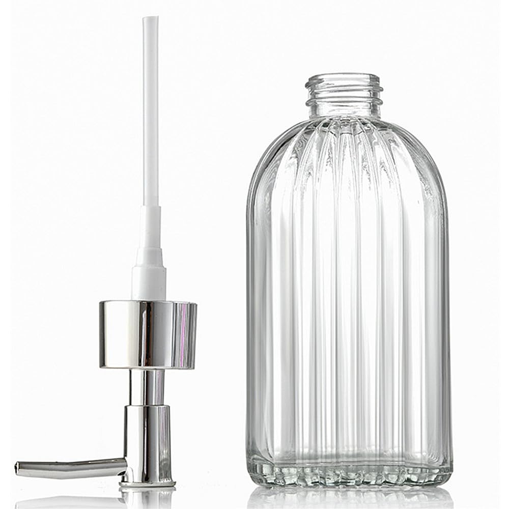 TRIXES Ribbed Glass Soap Dispenser Bottles, 2-Pack, Chrome Finish, 400ml with Silicone Funnel, Silver, 18.9cm - Image 2