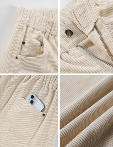 SeekMe Women's Corduroy Pants Barrel Mid-Rise Elastic Waist Cord Pants Casual Wide Leg Baggy Trouser with Pockets(0005-Beige-Medium)