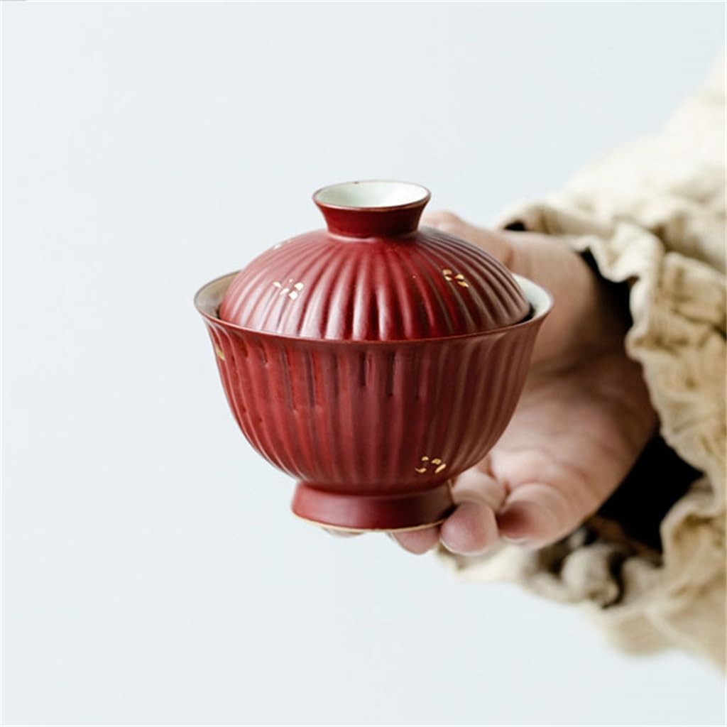 Red Ceramic Covered Bowl Sprinkled Chrysanthemum Petal Tea Handmade Kung Fu Ware Brewing