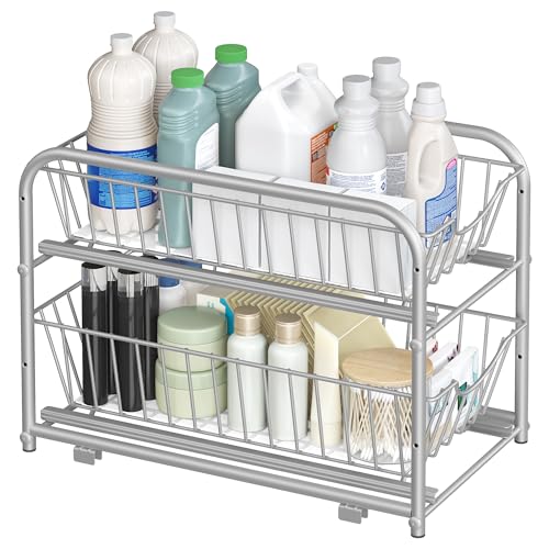 SONGMICS Cupboard Organiser, 2-Tier Under Sink Storage Organiser with Sliding Basket Drawers, Stackable Cabinet Organiser for Kitchen, Bathroom, Dove Grey KCS017E01V1