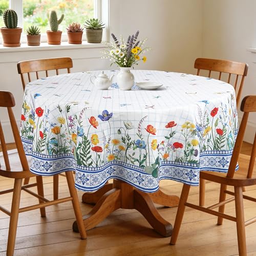 Arquiel Bleu Fleur Nappe Ronde 180 cm, Nappe de Table Lavables Imperméable, Printemps Linge de Table Décoration de Table pour Cuisine Jardin Fête