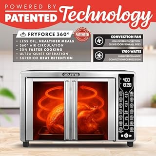 Gourmia French Door Air Fryer – 25 Qt Large Capacity Convection Oven, Fryfroce 360°, Digital Display with 17 Cooking Presets, Bake, Toast, Roast, Dehydrate, Fits 12” Pizza