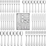 Hiware 60-Piece Silverware Set with Tray, Stainless Steel Flatware Cutlery Set for 12, Mirror...
