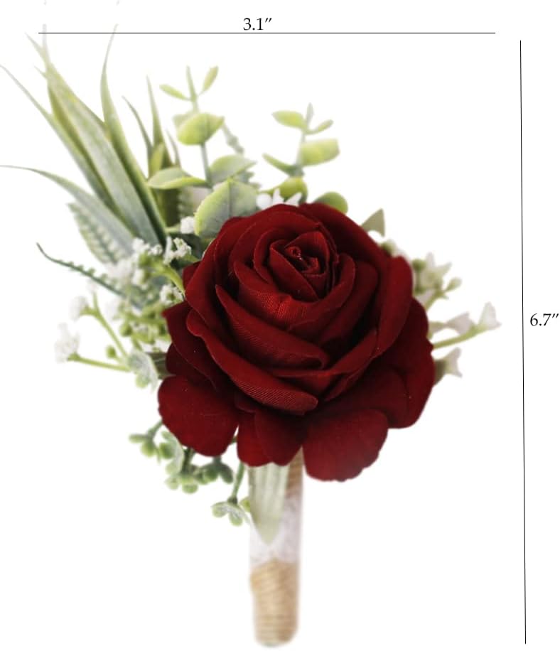 Ansofi Set of 6 Wine Red Boutonniere for Best Men Groom Groomsmen Burgundy Buttonholes for Wedding Party Prom Decoration