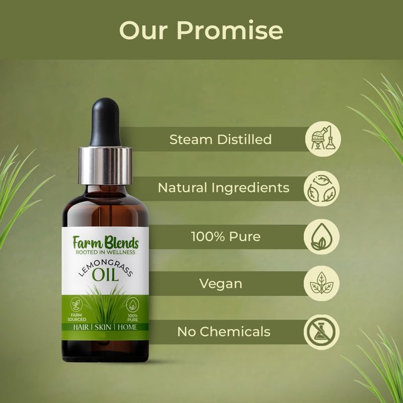 Image of Farm Blends Lemongrass Essential Oil 100% Undiluted Pure | Anti Dandruff, Anti Acne, Natural Mosquito Repellent, Diffuser | Farm To Home | Natural | Cymbopogon citratus|15ML + 15ML (Pack of 2)