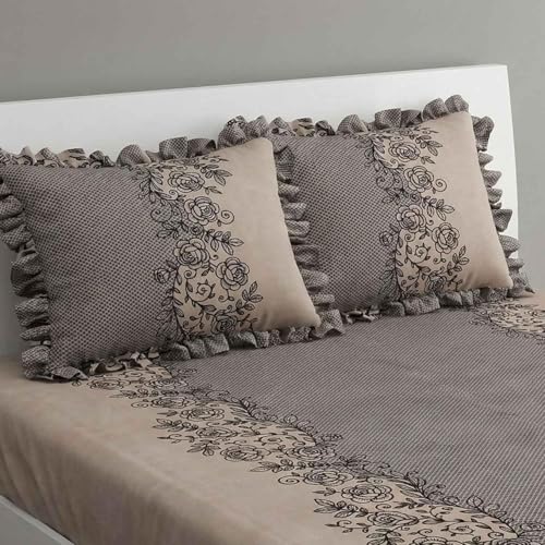 Image of 380 TC Premium Glace Cotton Elastic Fitted Bedsheet King Size with 2 Pillow Covers King Size | Double Bed with All Around Elastic (Coffee Frill, Fitted - 72 inchx78 inch King)