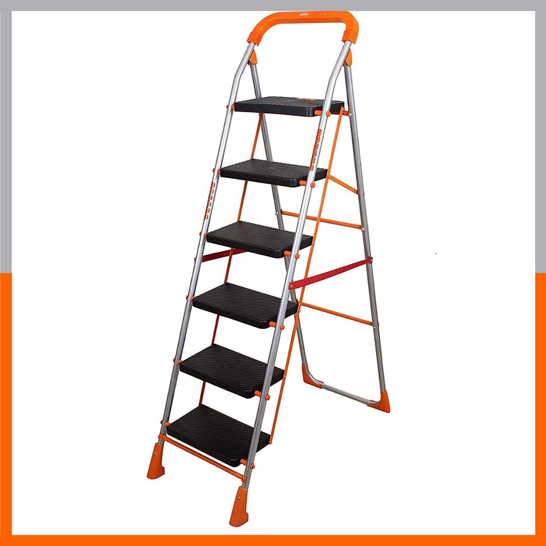 Magna Homewares Pollux Plus Heavy Duty 6 Step Folding Ladder/Step Ladder for Home use-Orange Silver