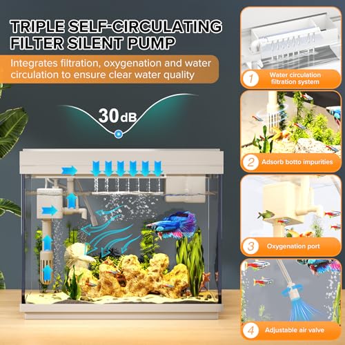 Image of Vehipa Aquarium, 2.4 Gallon Betta Fish Tank with Heater, Humidifier 3 in 1 Pump - Filteration & Oxygenation & Circulation, Temperature Display, HD Glass, Timed 7-Color Lights