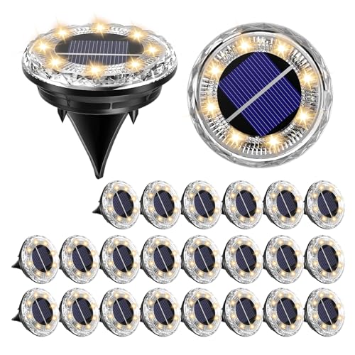 Krinzitt 24 Pack Mini Solar Powered Ground Lights, Bright LED Solar Lights Outdoor Waterproof for Landscape Decoration, Pathway Lighting for Garden Walkway Driveway (Warm White)