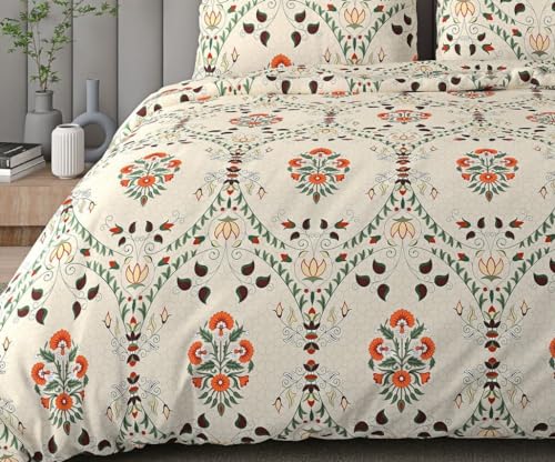 Image of DECOMIZER 300 Tc, Super Soft Glace Cotton King Size AC Comforter|Duvet with 1 King Size Elastic Fitted Bedsheet 72 inchX78 inch Inch and 2 Large Pillow Cover - 4 Piece Comforter Set - Beige Jaipuri