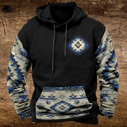 Mens Aztec Hoodies Western Hooded Sweatshirts Fall Winter Long Sleeve Drawstring Cowboy Pullover Top with Pockets2