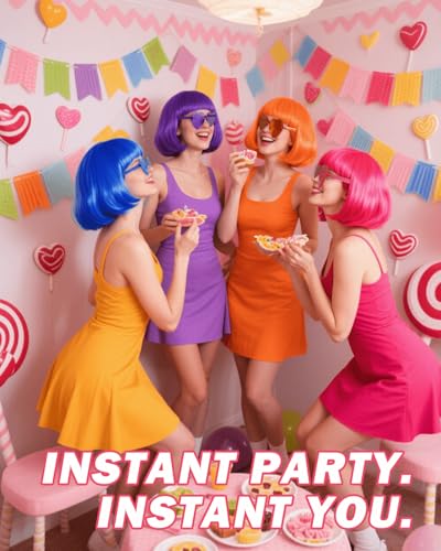 Image of Colorful Bob Wigs with Heart Sunglasses, Neon Colored Funny Wigs for Party