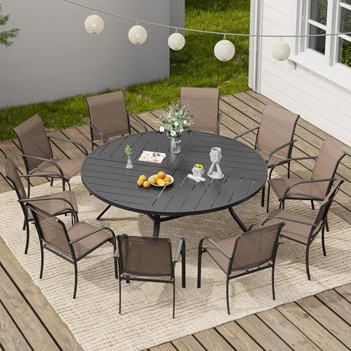 Image of VICLLAX 63 inch Round Outdoor Table, Patio Dining Table for 8-10 with Umbrella Hole for Garden Lawn Deck Backyard, Black