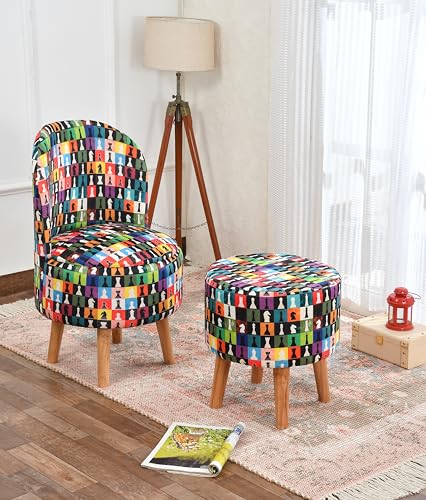 Image of NACIA Velvet Printed Ottoman Chair with Stool Combo | Dressing Table Chair for Bedroom Makeup Room Decor | Modern Upholstered Ottoman with Wooden Legs for Home (18x18x32 Inches, Multi Chess)