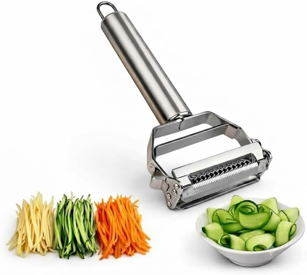 Stainless Steel 2 in 1 Julienne Vegetable Peeler Multi-Functional Fruit Vegetable Shredder Slicer Double Planing Cutter Potato Cucumber Carrot Melon Grater (Silver, 18 x 8.2 x 2.4 cm)