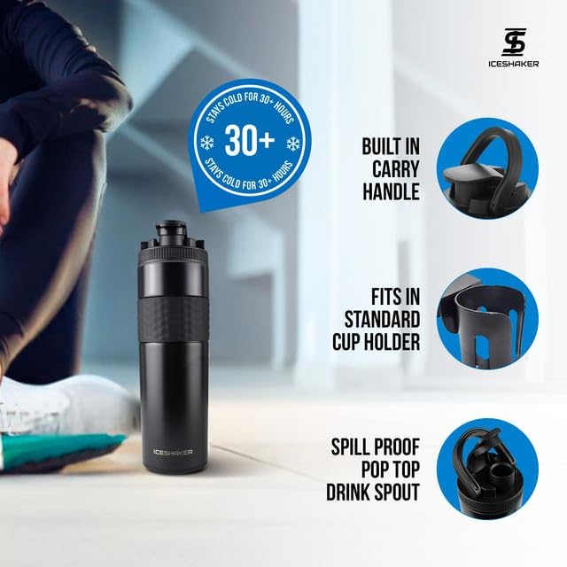 Ice Shaker Insulated Stainless Steel Shaker Bottle | 20 oz, Black | Cold for 24+ Hours | Insulated Cup with Twist-on Agitator | Odor-Free Bottle for Protein Shakes, Water, Smoothies, Cocktails - Image 3
