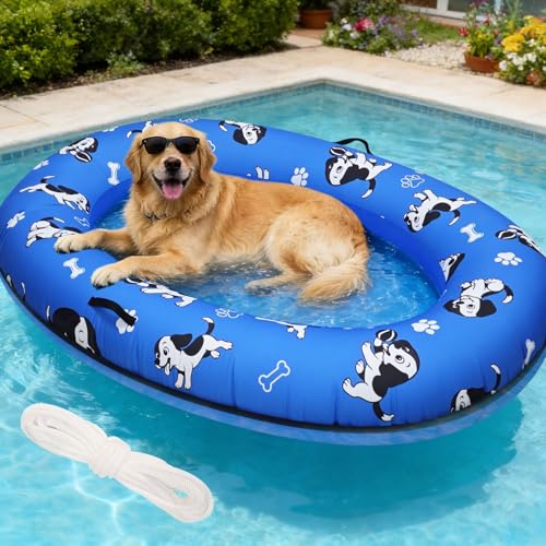 pdpdoc 61'x 43' Dog Pool Float Raft with Handle & Rope, Heavy Duty Inflatable Pet Float for Small Medium Large Dogs Up to 150 Lbs, Dog Floaties for Pool, Beach, Lake, River (Blue)