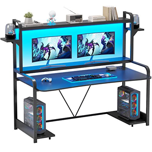 SEDETA Gaming Desk, 55" Computer Desk with Shelves, LED Lights, Hutch & Monitor Shelf, Large PC Gamer Desk Workstation, Gaming Table for Bedroom, Studying Writing Desk for Home Office, Black SEDETA Gaming Desk, 55" Computer Desk with Shelves, LED Lights, Hutch & Monitor Shelf, Large PC Gamer Desk Workstation, Gaming Table for Bedroom, Studying Writing Desk for Home Office, Black