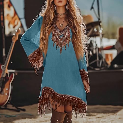 Women's Western Dress Floral Embroidered Fringe Tassel Cowgirl Outfits Irregular Hem Country Mini Flowy Dress3