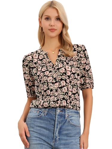 Chemisier floral bohème femme col V boutonné manches courtes Allegra K imprimé