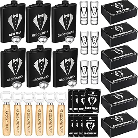 Yaomiao 30 Pcs Groomsmen Gift Wedding Gift, Including 6 Pcs 8 oz Groomsmen Flask 6 Wooden Bottle Opener 6 Party Favors Shot Glasses 6 Groomsmen Gift Boxes Empty 6 Proposal Cards Best Man Gift Cover
