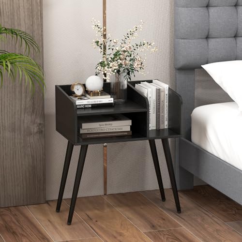 GIANTEX Juego de 1/2 Mesitas de Noche con 3 Compartimentos Abiertos, Mesilla de Noche de Madera con 4 Patas Metálicas, 50 x 32 x 58 cm, Mesa Auxiliar para Dormitorio, Salón (1, Negro)
