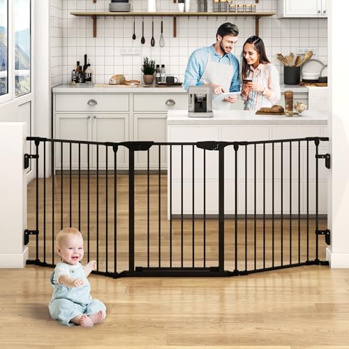 Image of AUXSOUL 74" Wide Baby Gate Metal Safety Playpen - Fireplace Fence for Toddler/Pet/Dog, 3-Panel,30" H, Black