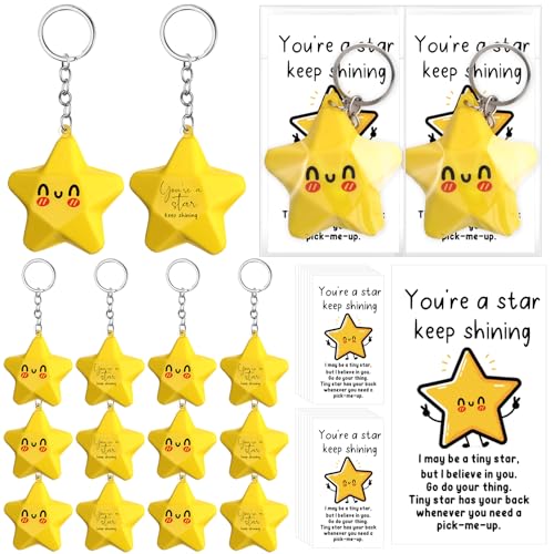 Wavwavw 60 Set Inspirational Gifts Star Keychain with You Are a Star Card Office Thank You Gift for Team Employee Coworkers (Yellow)