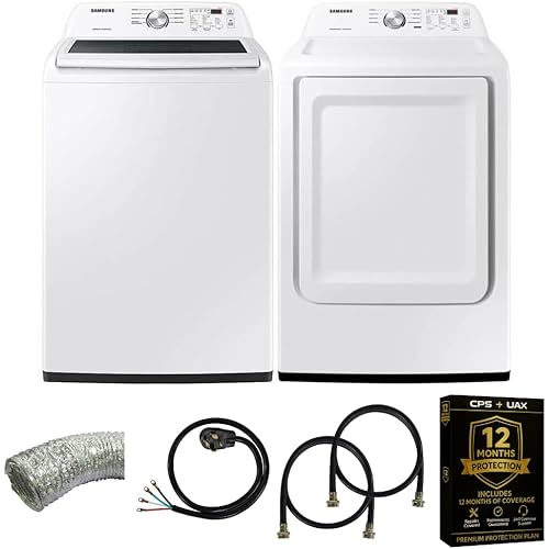 Samsung Smart 4.7 Cu Ft Top Load Washer & 7.4 Cu Ft Electric Dryer, Sensor Stops Overdrying, Low Vibration Quiet Wash, WaterJet w/Power Cords, Hoses, Vent Duct, 1 Year CPS Protection Bundle (White)