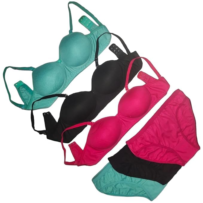 Women' s Premium Cotton Half Padded Non Wired Bra and Bra Panty Set Any Pack of 2 in (Multicolour)-image-40