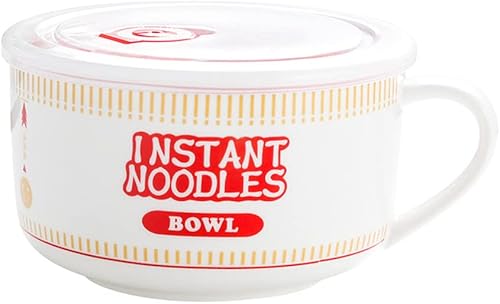 YULINJING Cuenco de avena con tapa de cerámica ramen de estilo japonés con ramen, apto para microondas, para dormitorio, oficina, estudio, tazón de