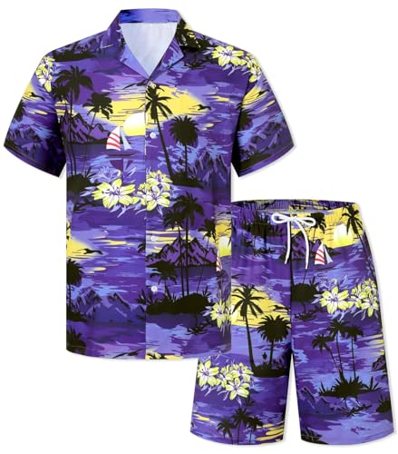 Image of Cromoncent Boy and Men Hawaiian Outfits Short Sleeve Shirts and Shorts Hawaiian Suits Beach Tropical 2 Pcs Vacation Sets
