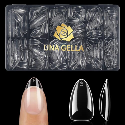 Image of UNA GELLA Short Almond Nail Tips, 504PCS Long Lasting Short Almond Soft Gel Full Cover Nails Tips False Nails Clear Acrylic Gelly Tips for Acrylic Nail Extensions Press On Nails, 12 Sizes