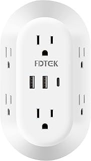 USB Wall Charger, FDTEK Surge Protector 6 Outlet Power Bar Multi Plug Outlet with USB-C Charging Ports, 3-Sided Outlet Splitter Wall Plug Adapter for Home Office Travel - Blue Light