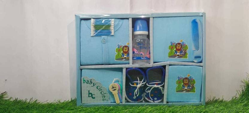 Ess Cubes EnterpriseEssCubes Unisex New Born Baby/Infant Dress Baby Gift Set Baby Best Shower Gift Set for Boy & Girl's Cotton Clothing Set Including jabla for Baby 0-3 Months Pajama Mitten Bottle Towel and Shoes (0-3 months, Light Blue)