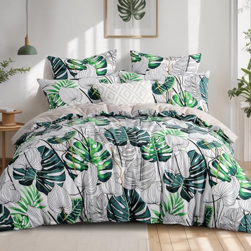 RUIKASI Bettwäsche 200x200 Pflanzen Grün - 3teilig Bettbezug 200x200, Mikrofaser Monstera Bettwäsche-Sets mit 2 Kissenbezügen 80x80cm...